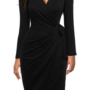NWT BERYDRESS 3/4 Sleeve V-Neck Casual Party Work Faux Black Wrap Dress